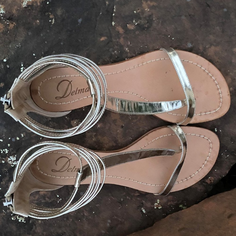 Delman sandals--leather, gold (sometimes look silvery)